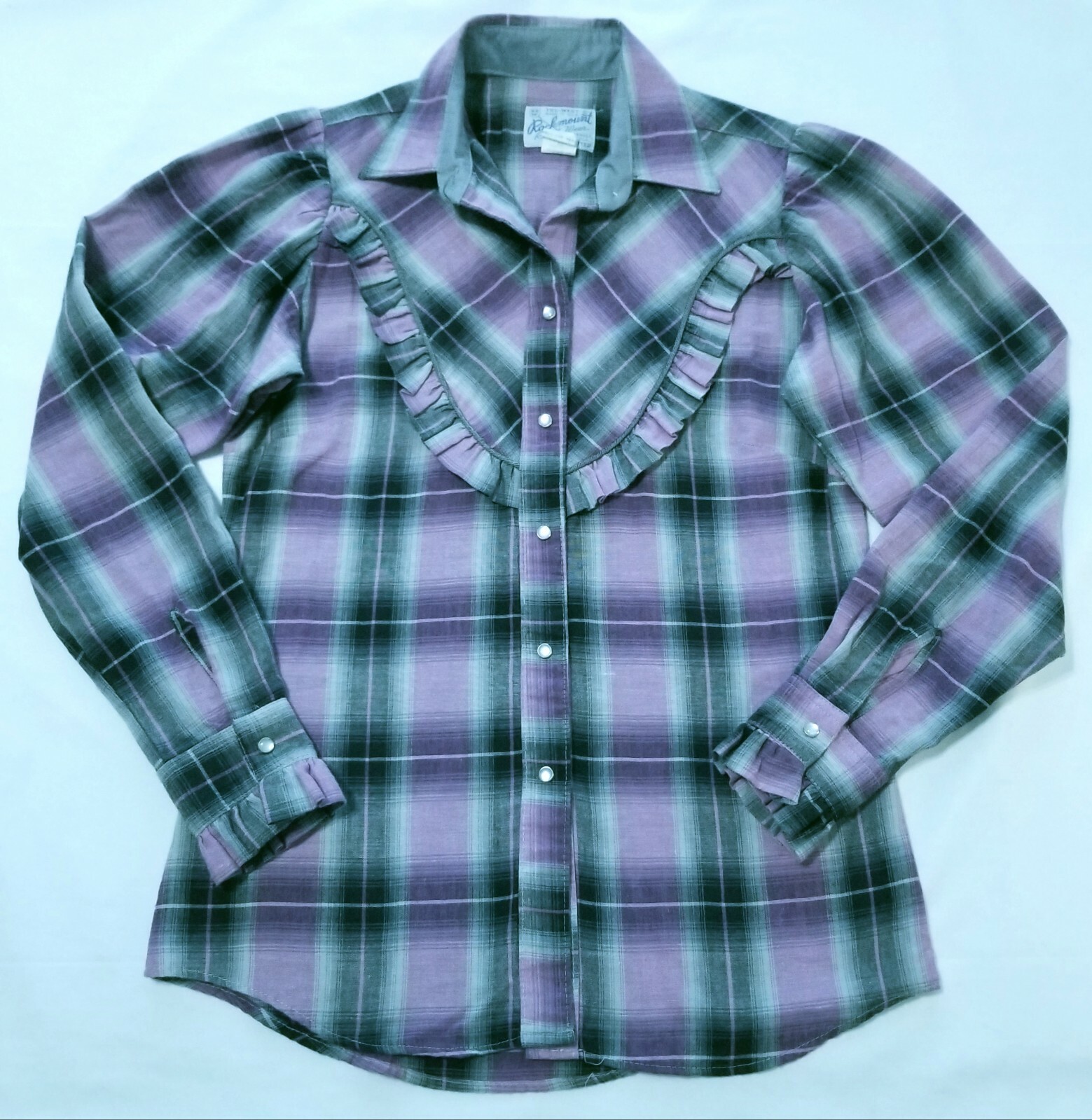 Vtg Rockmount Ranch Wear Purple Gray Plaid Pearl Snap Sz 32 Fitted w/Tie Western