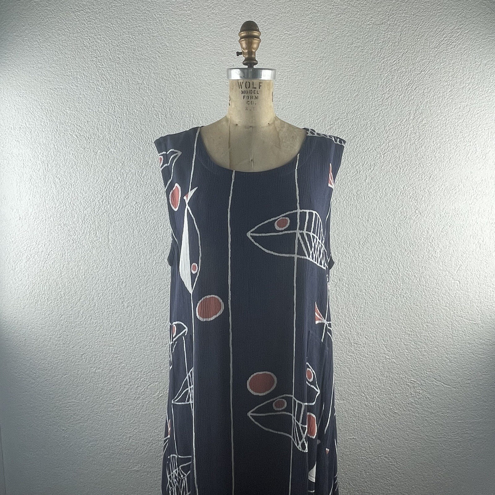 Vintage l 90s Mid-Century Modern Abstract Fish Tiki Pinup Coconut Cover-up Dress