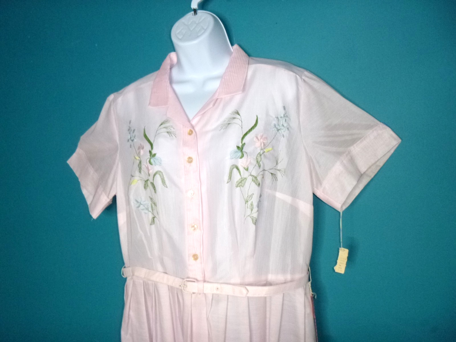 NOS Vtg 60s Pink Dress W/ Embroidered Flowers W/ Belt Sz XL/XXL Volup