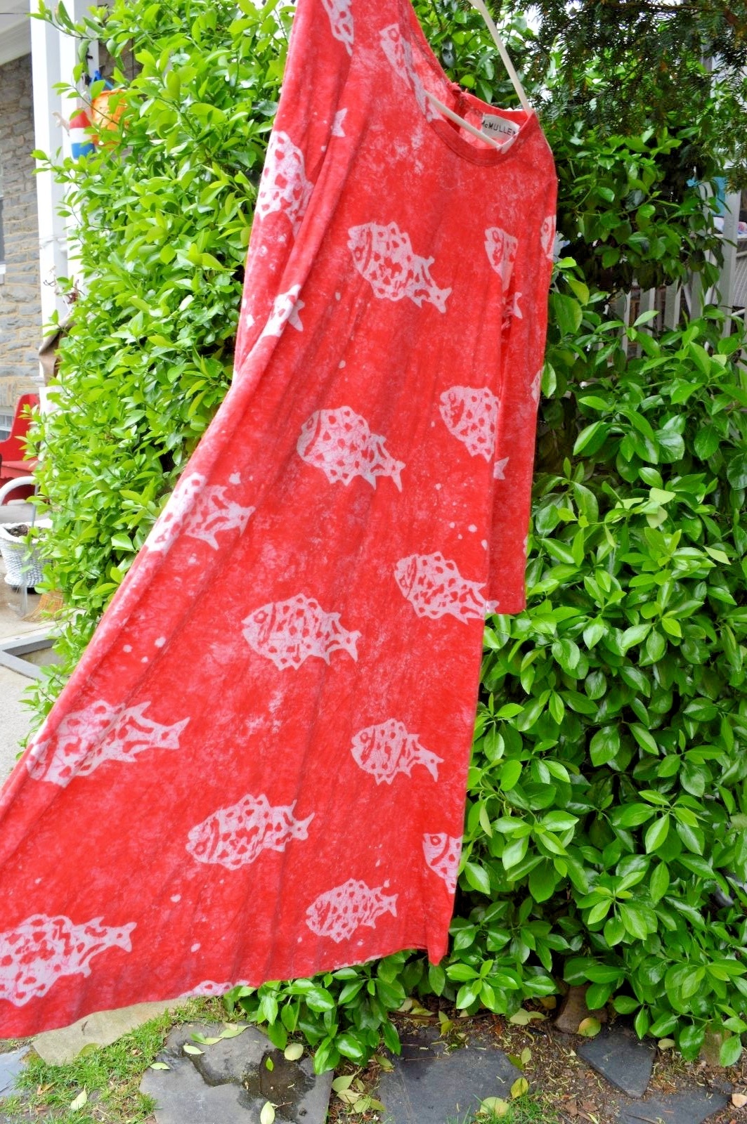 Vintage McMullen Dress Cotton Batik Fish Print Long Sleeve Zipper Back