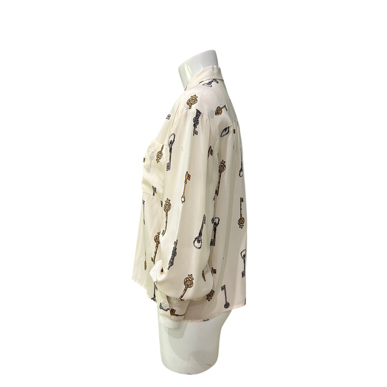 Vintage Silk Key Print Cropped Blouse Novelty Shirt Quiet Luxury top M ^