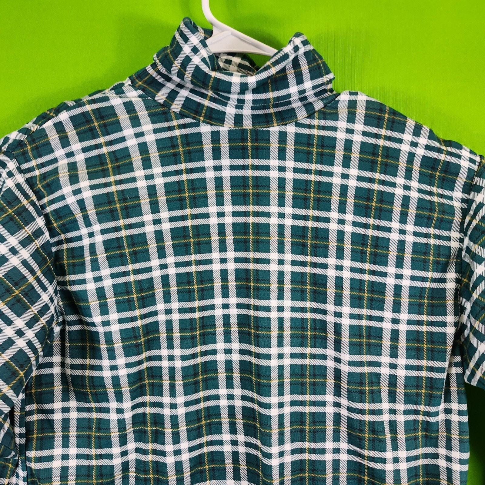 Women’s Vintage Manframe Plaid Turtleneck Long Sleeve Shirt Large Green & White