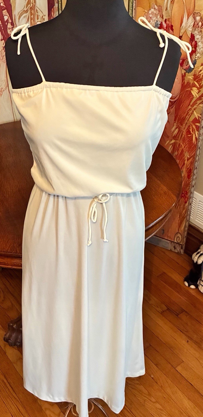 Vintage 1970’s Saturday Night Fever Disco Spaghetti Strap Cream Color Dress Med