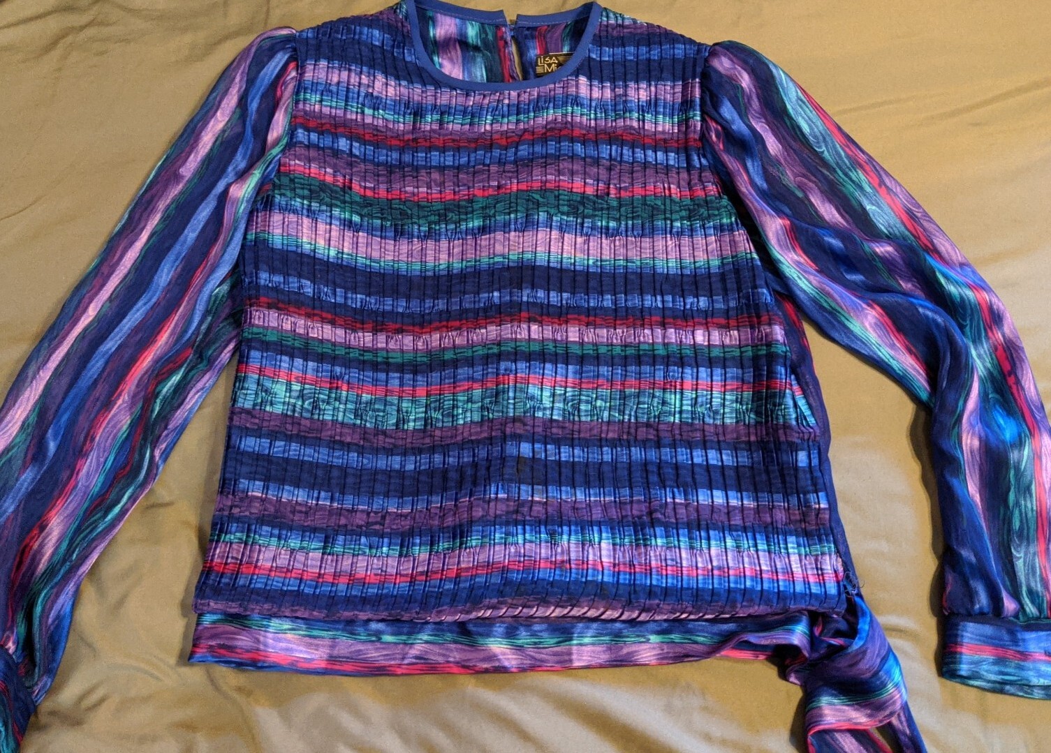 Vintage Lisa Michaels 1980s pastel blue lavender pleats ribbon blouse 6