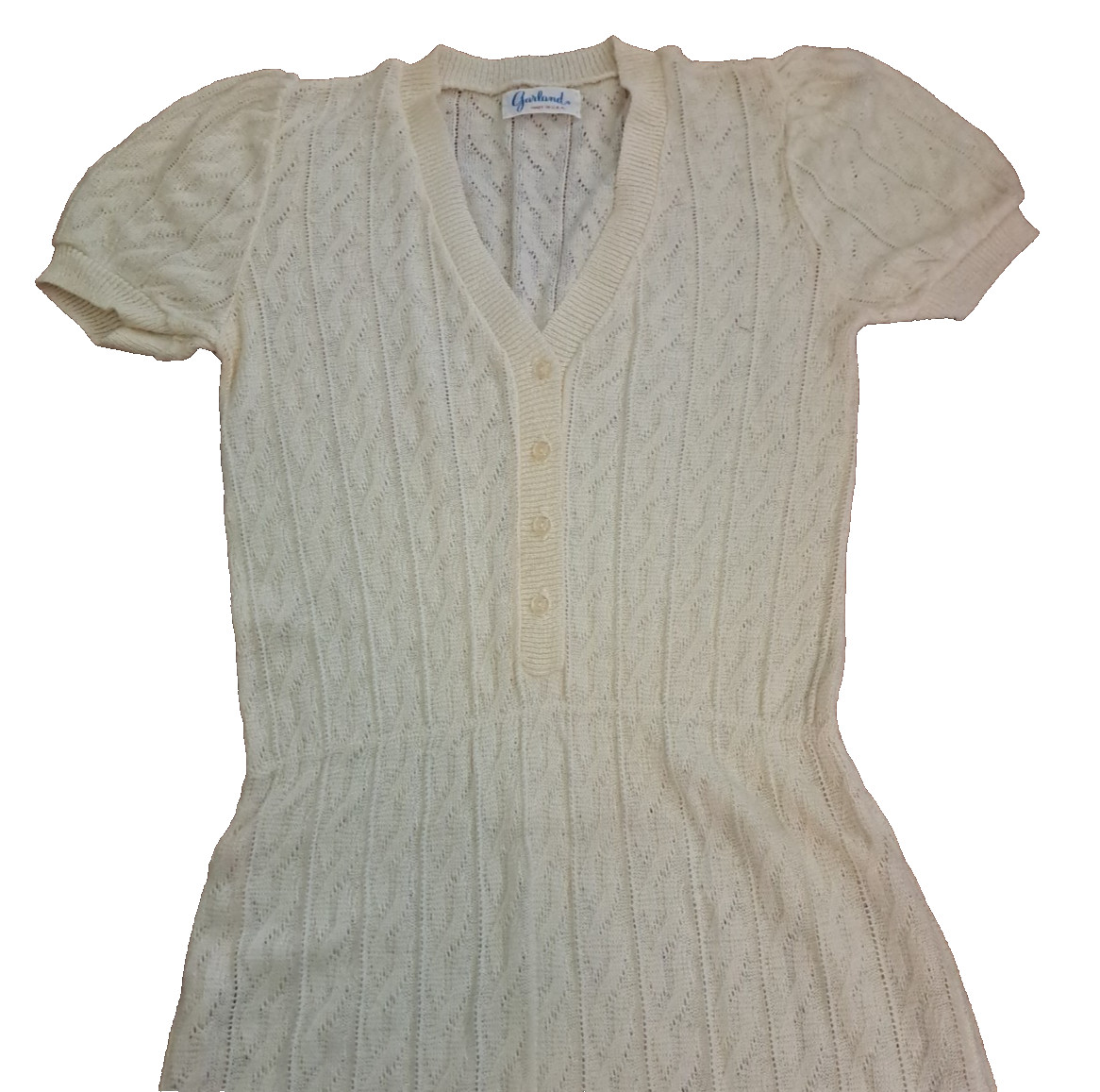Womens Vintage Sweater Dress Beige Midi Cable Knit Puff Sleeves Pin Up Medium