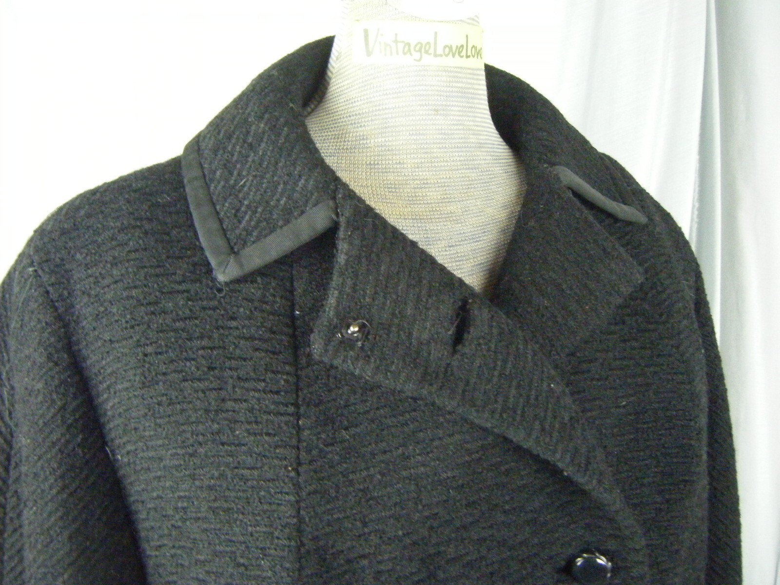 Vtg 60s Black Looped Wool Buttons Mod Coat-Bust 48/L