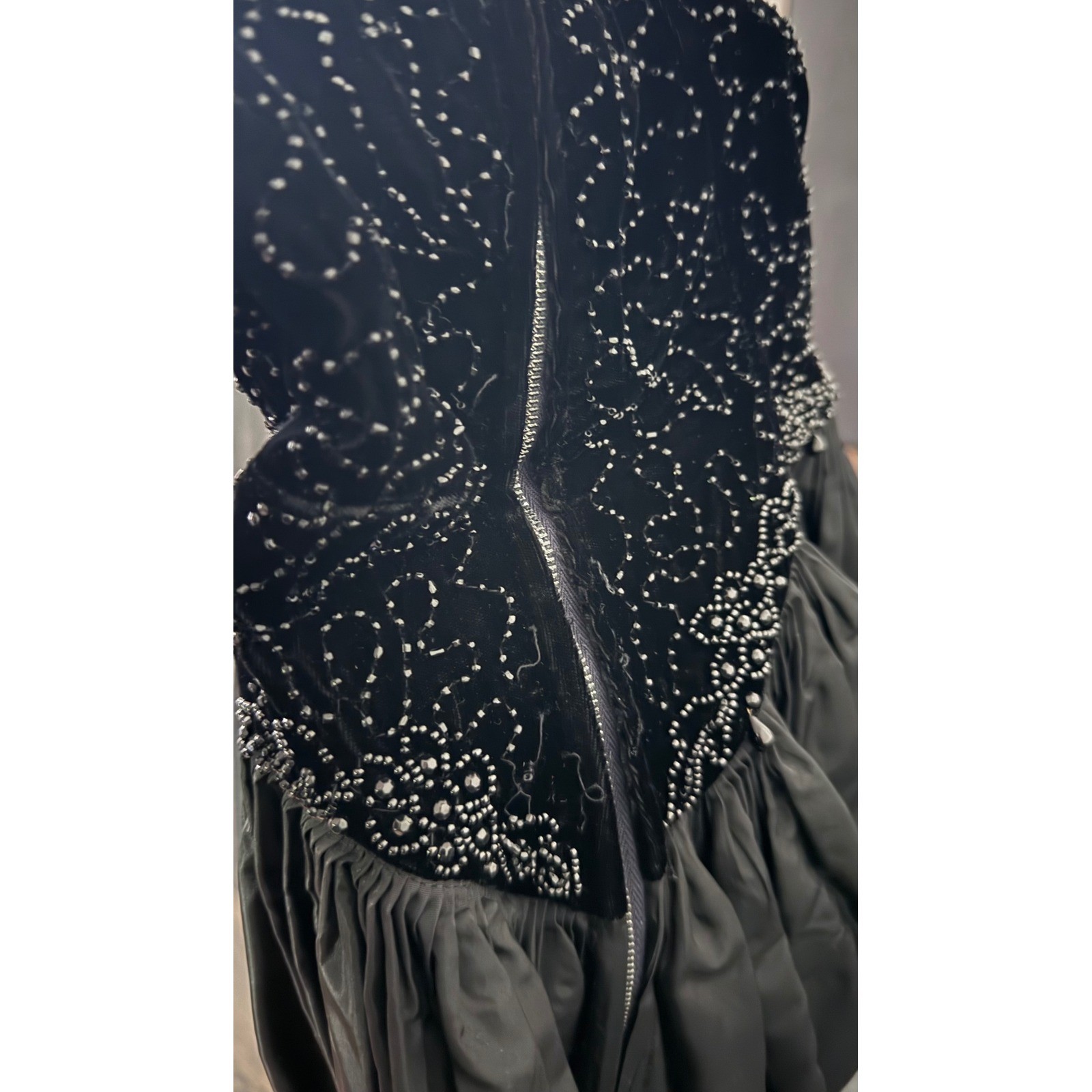 Gothic glam Black Velvet taffeta Midi Dress Whimsigoth Beaded Basque waist XS/S