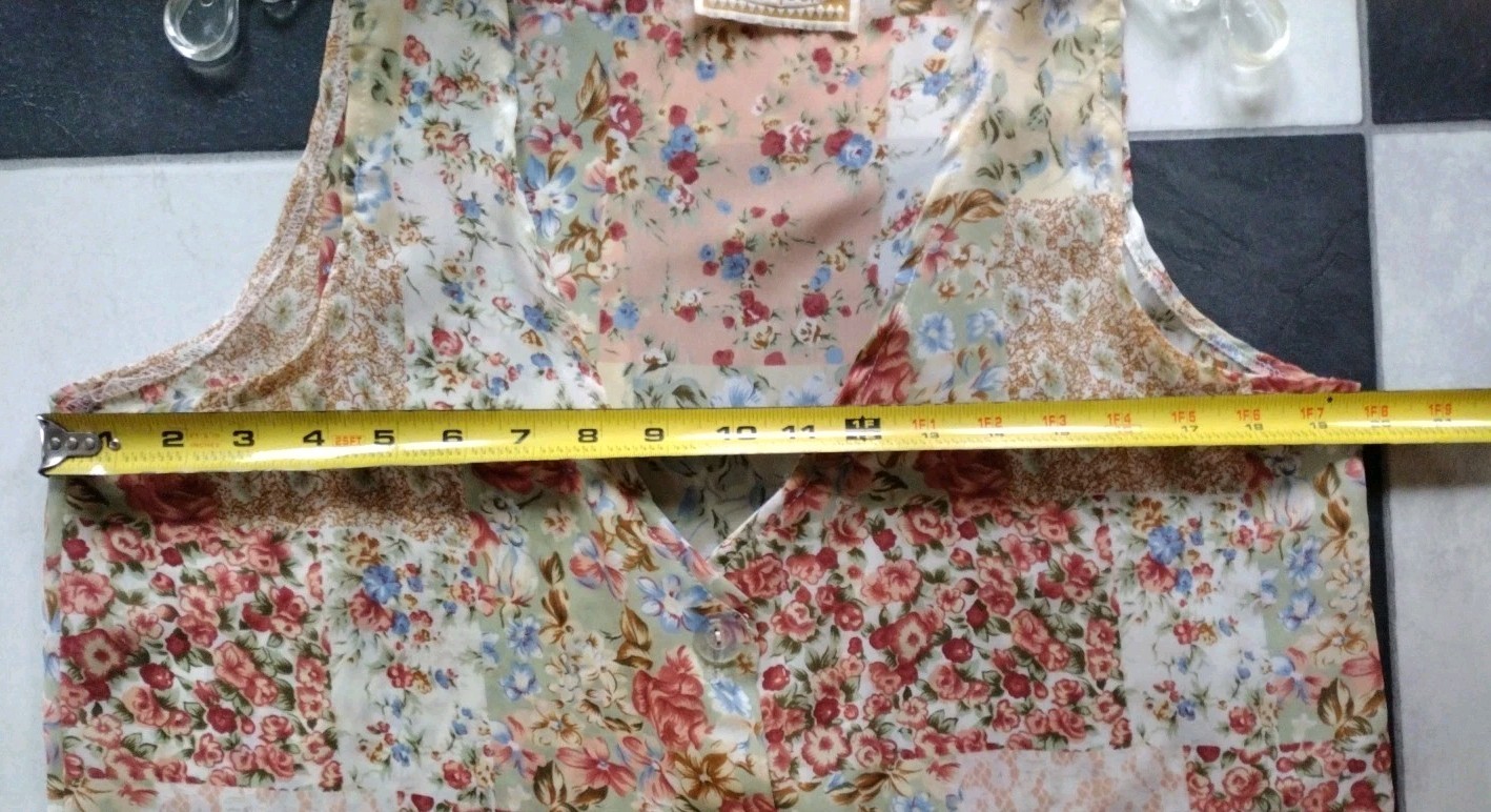 Vintage 90s Bonjour Sheer Patchwork Print Vest Blouse Side Slit Buttons See Meas