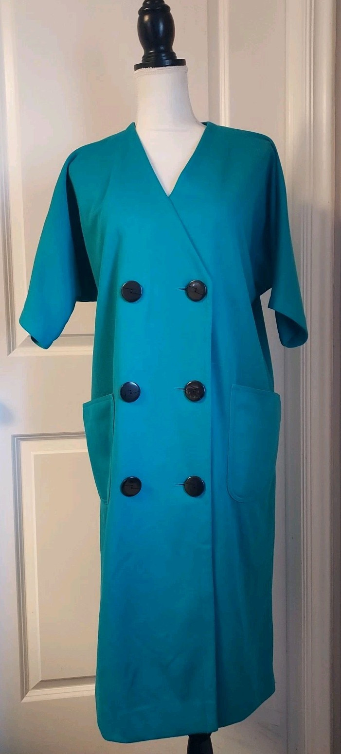 VTG 80s Double Breasted 6 Button Retro Dress Turquoise Green Size 10+ – No Belt