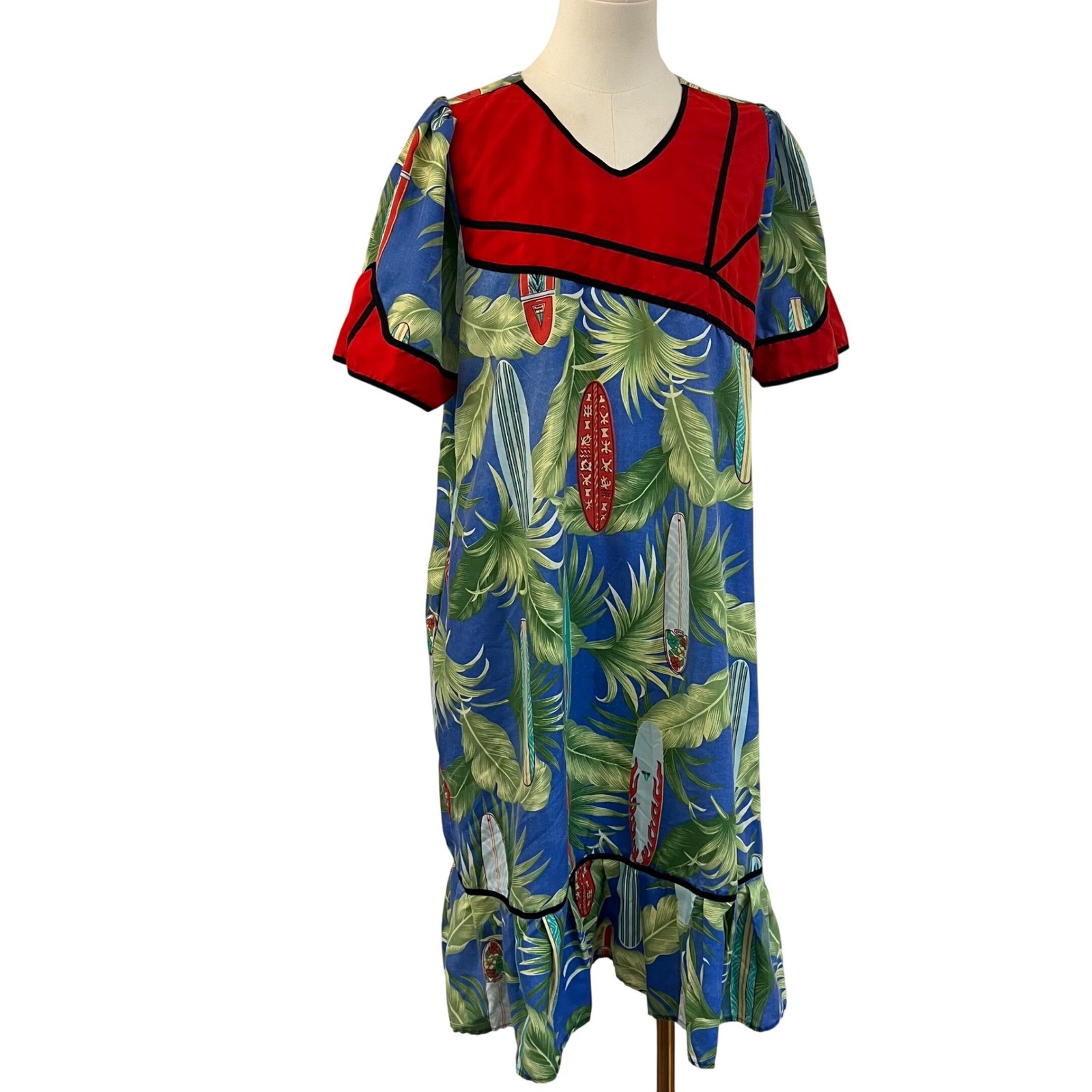 Vintage Blue Red Cotton Surfboard Palm Print Tropical Muu Muu Ruffle Dress Large