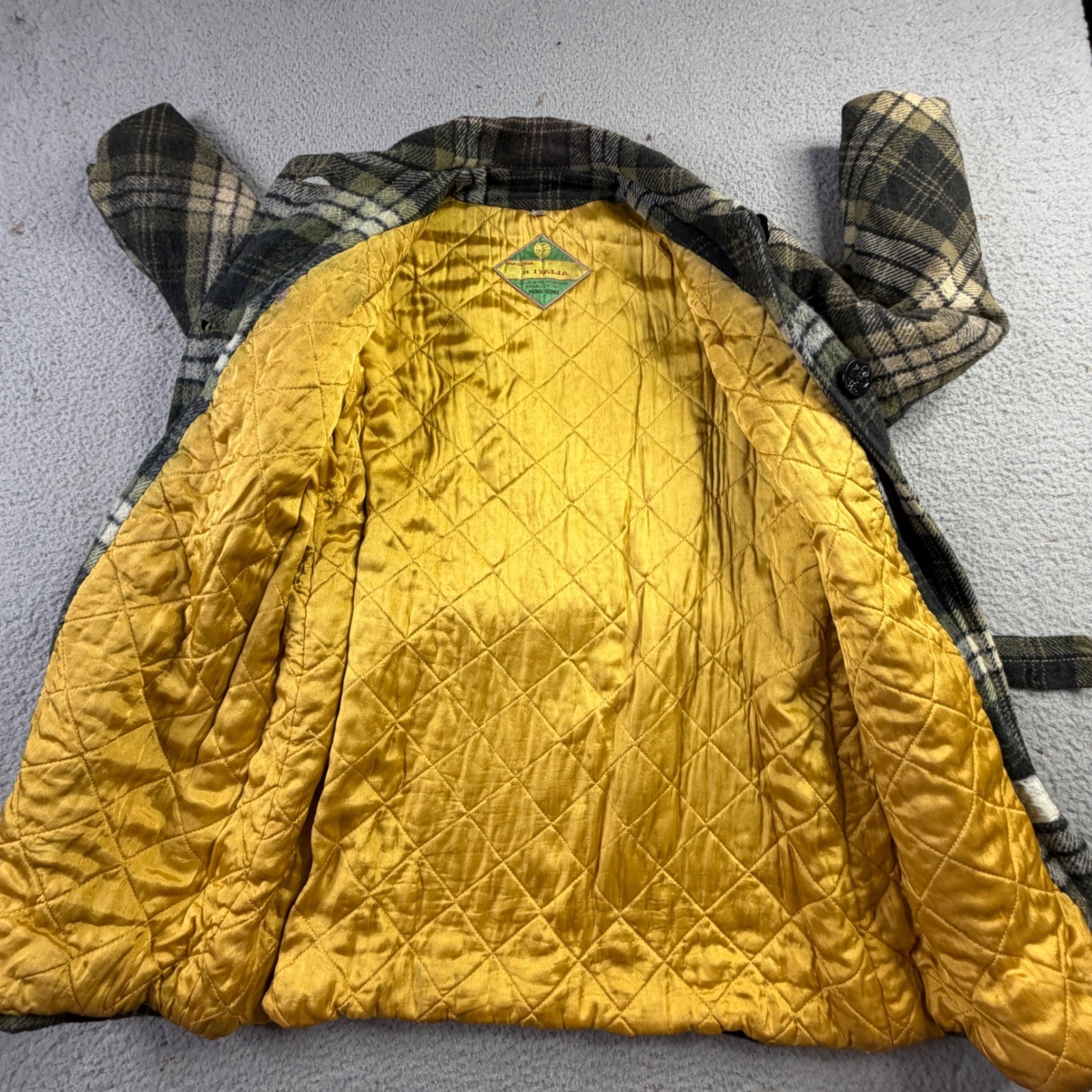 Vintage Materia Di Italia Green Plaid Belted Wool Coat Anchor Buttons Size 14
