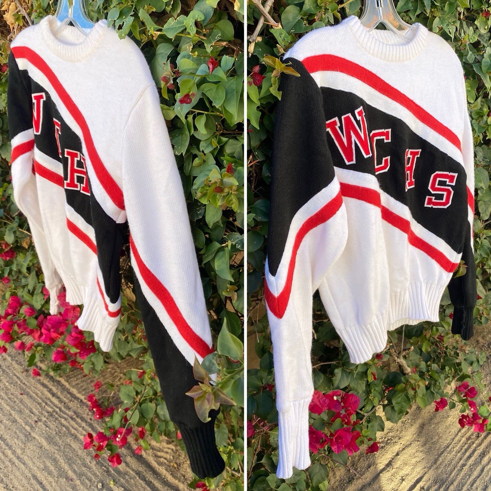 Vintage 80s Dehen Cheerleader Sweater WCHS White Black Red Acrylic Knit Size M