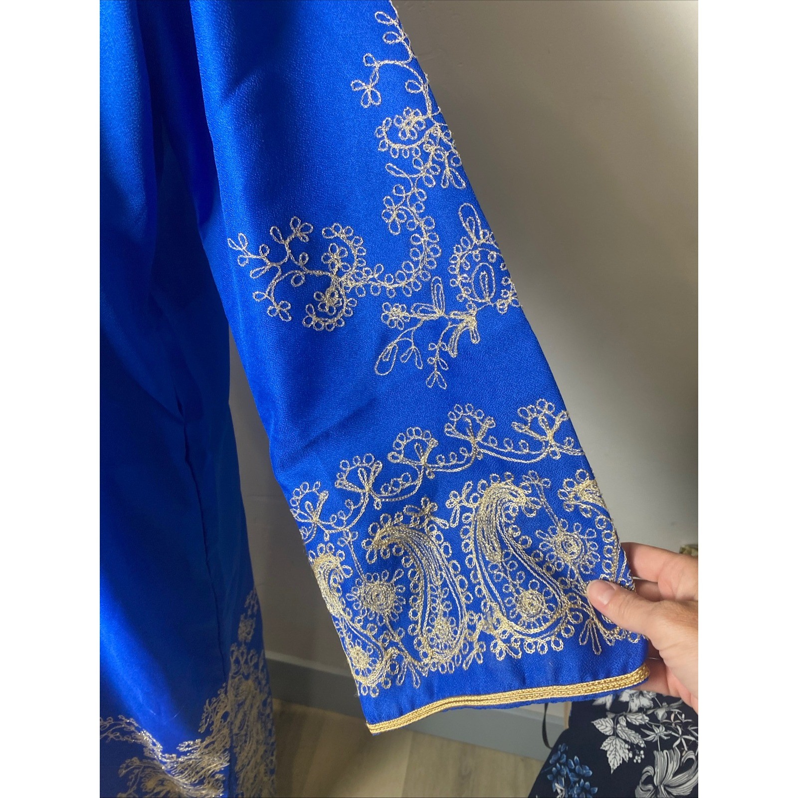 Vintage 60s Royal Blue Gold Embroidered Kaftan Hippie Boho Maxi Dress Paisley