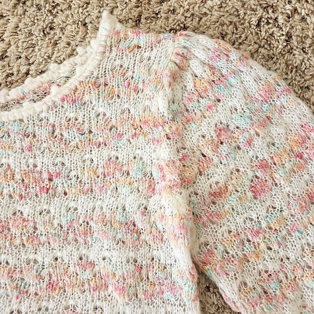 Vintage Womens Open Knit Sweater Large Feminine Coquette Pastels Puff Sleeves