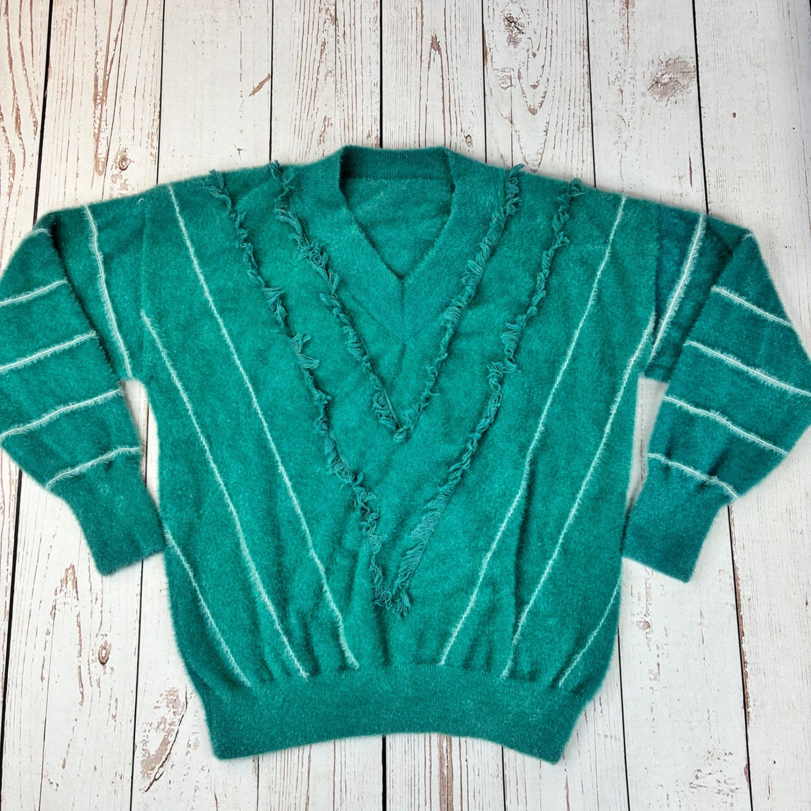Vintage Teal Green Angora Fringe V-Neck Sweater Pinstripe Knit Pullover
