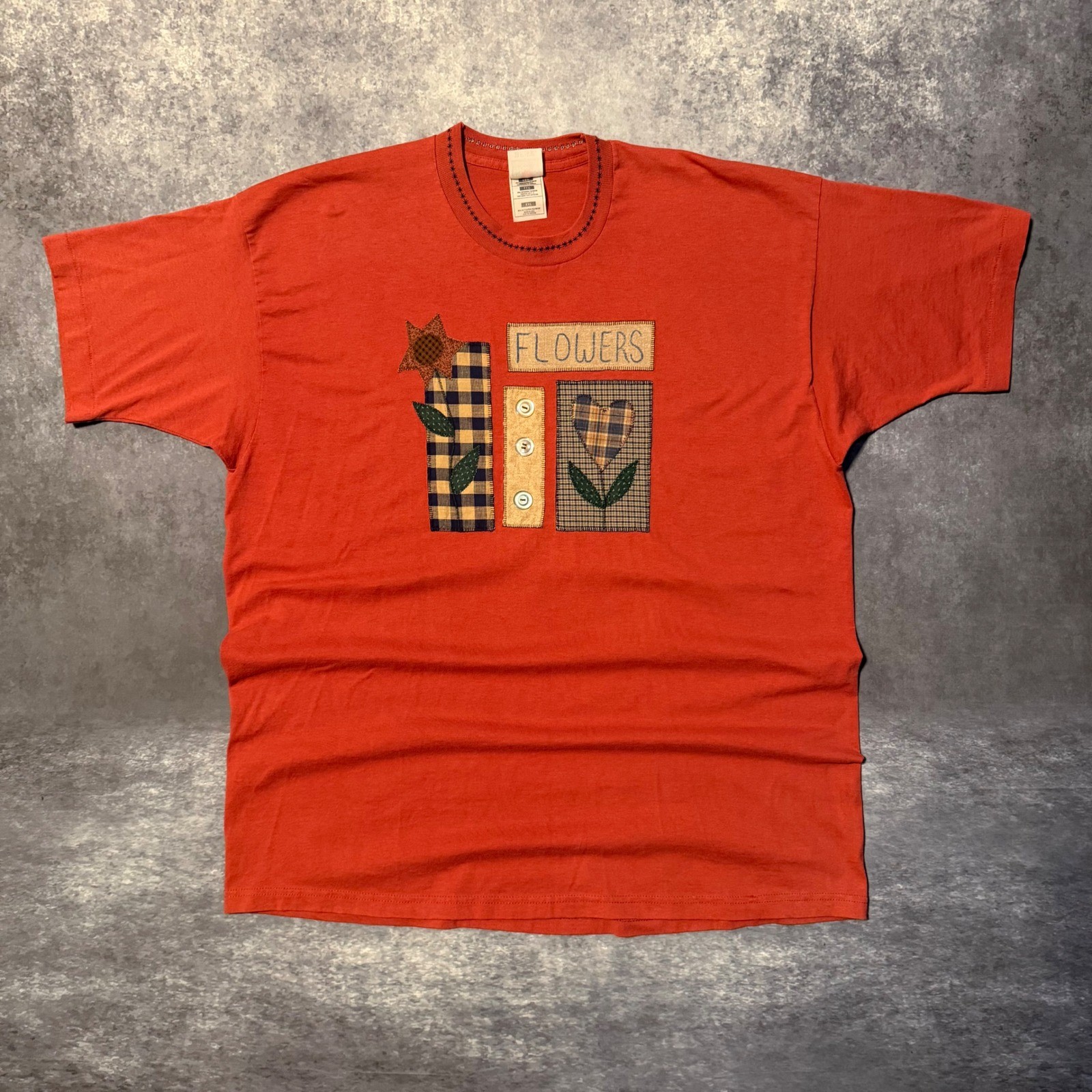 Vintage Granny Cottage Flowers Patchwork T Shirt XXL Orange Cottagecore USA 90s