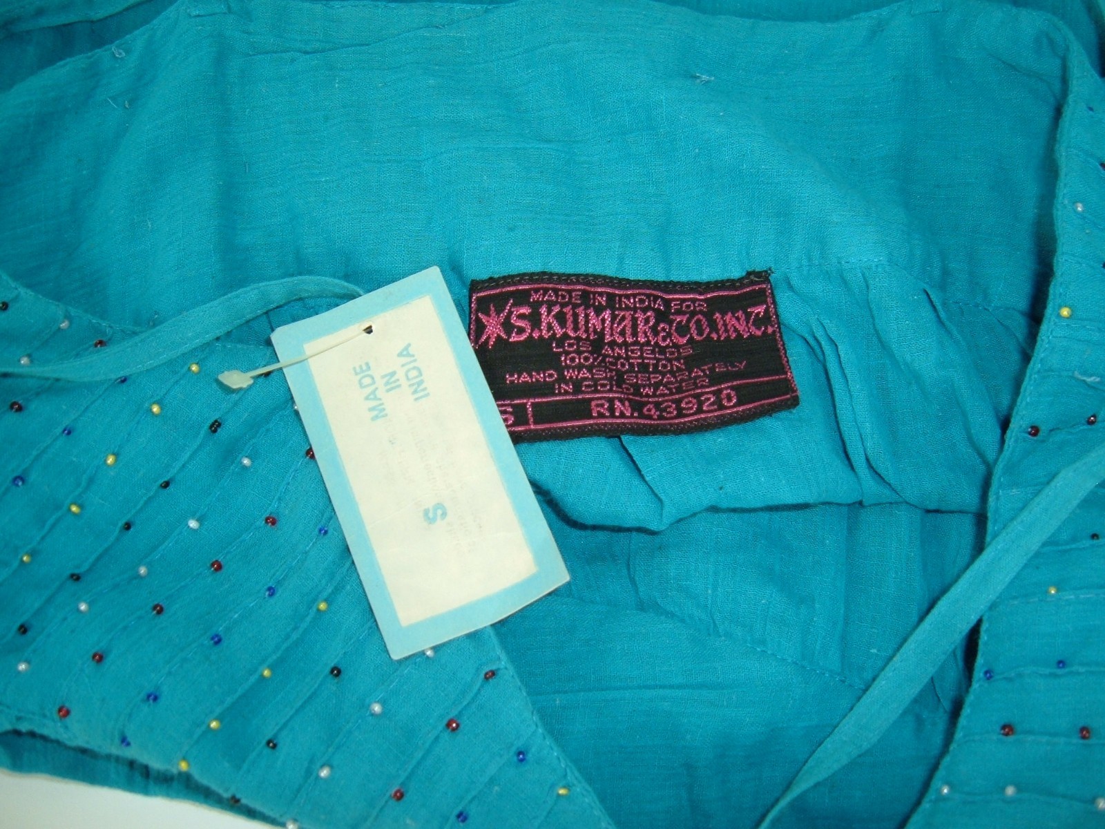 Vintage 70s Dress S Kumar Beaded India Boho Hippie Cotton Blue Small NeW NOS