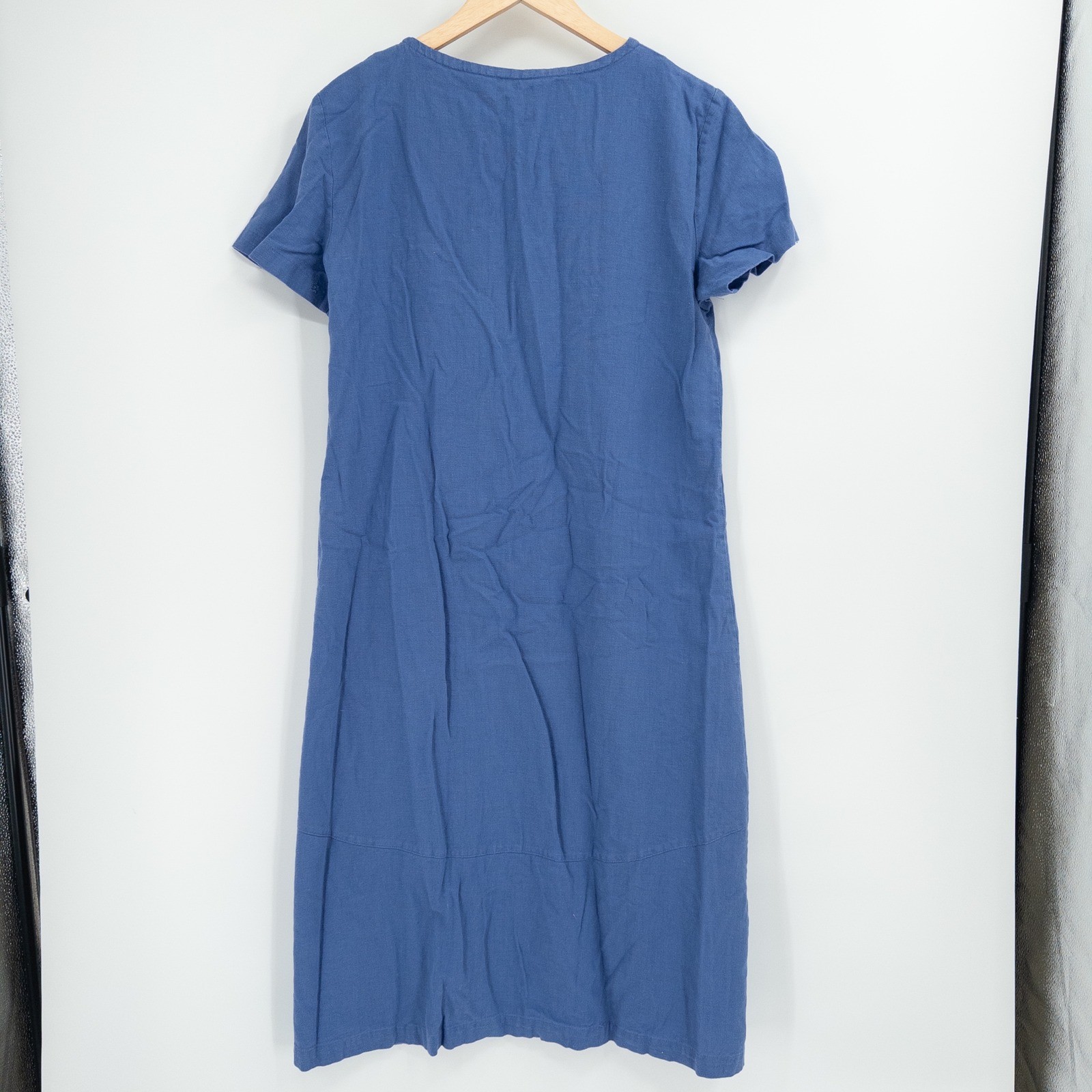 Vintage 90s Henley Dress Womens 8 Blue Linen Blend Boho Art to Wear Southwestern