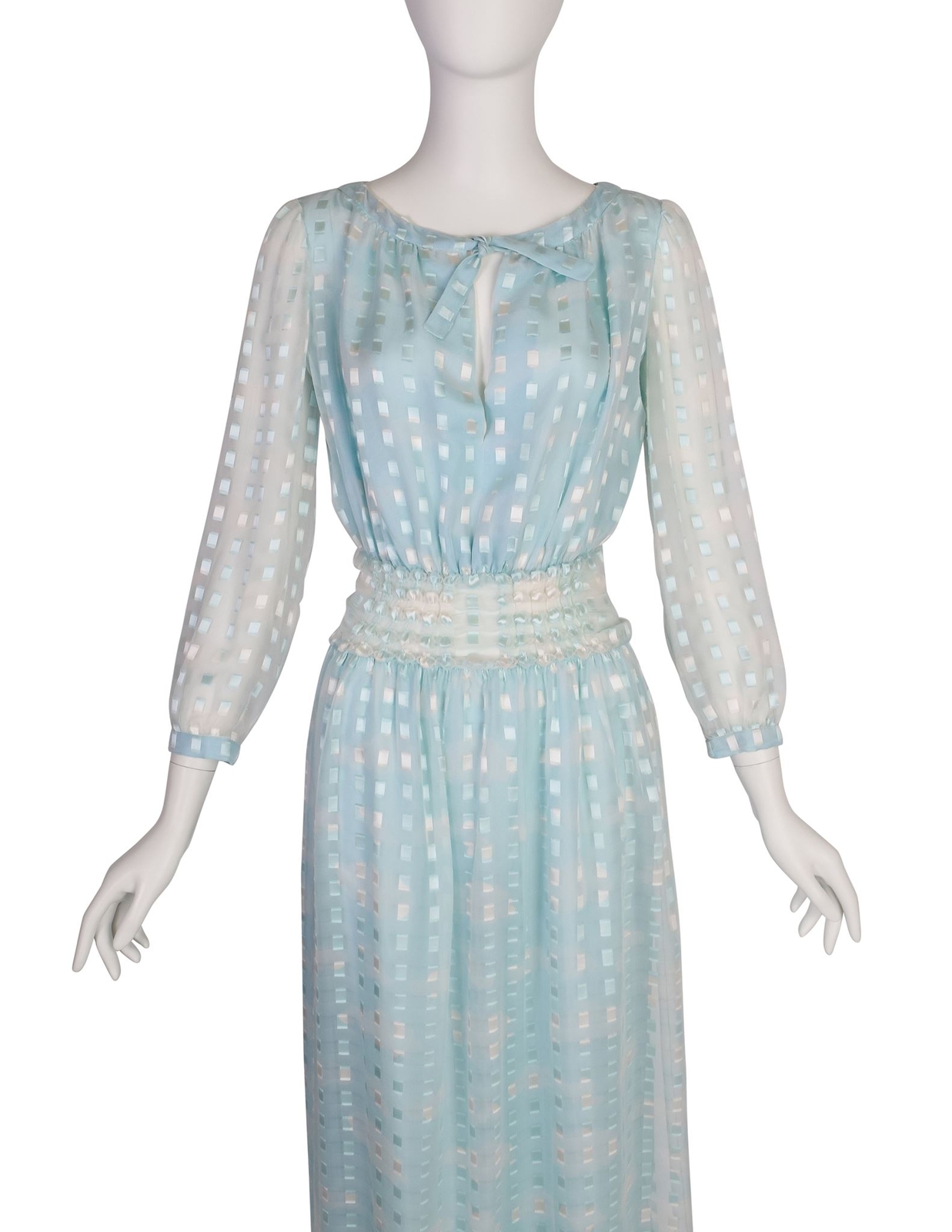 Courreges Vintage 1970s Baby Blue Cloud Print Silk Chiffon Dress and Scarf Ensem