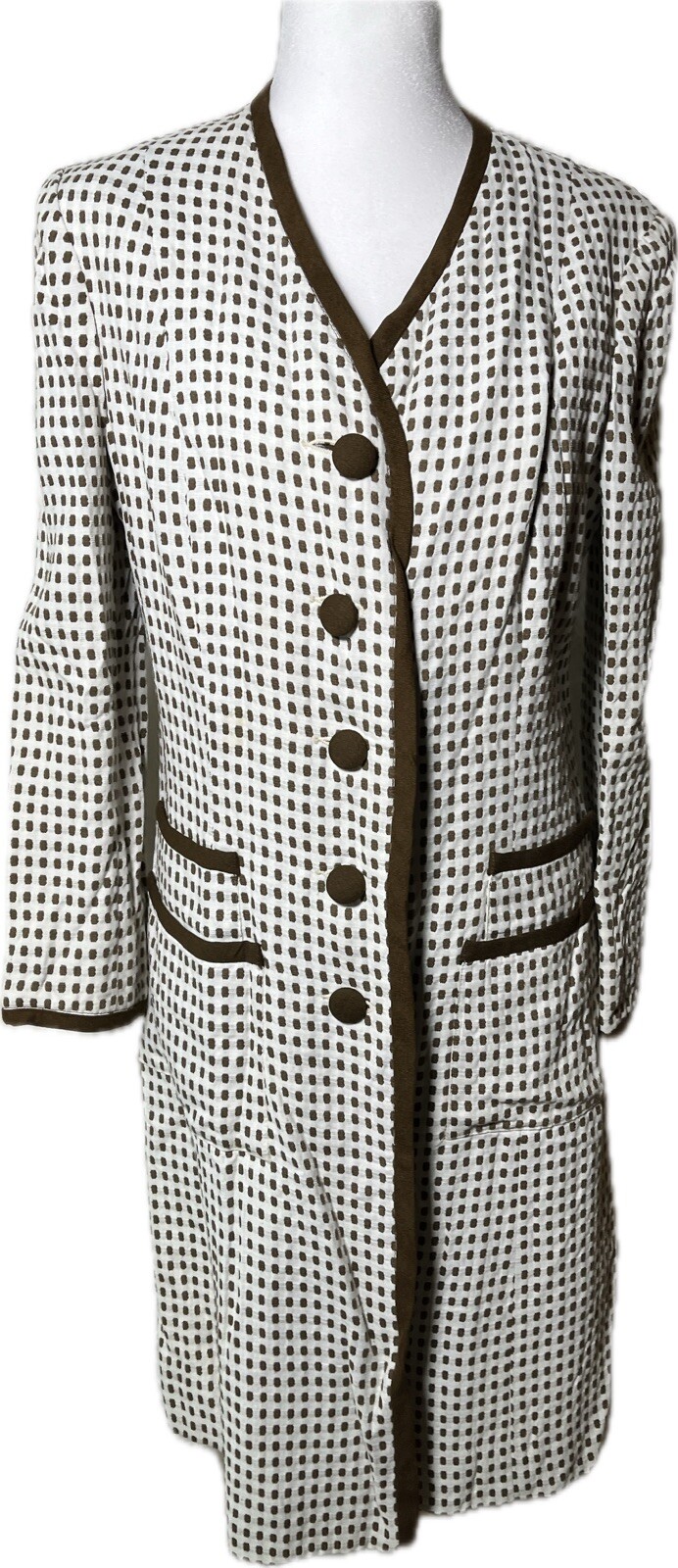 Vtg Coat Jacket White 60s Designer Montaldos Lightweight Brown Polka Dot S M