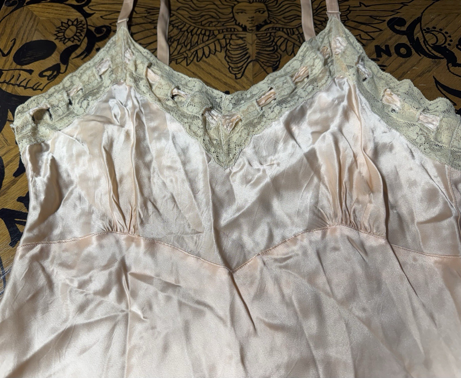ANTIQUE / VINTAGE PINK SATIN & RIBBON LINGERIE / GOWN. WAIST 15 ACROSS. TLC