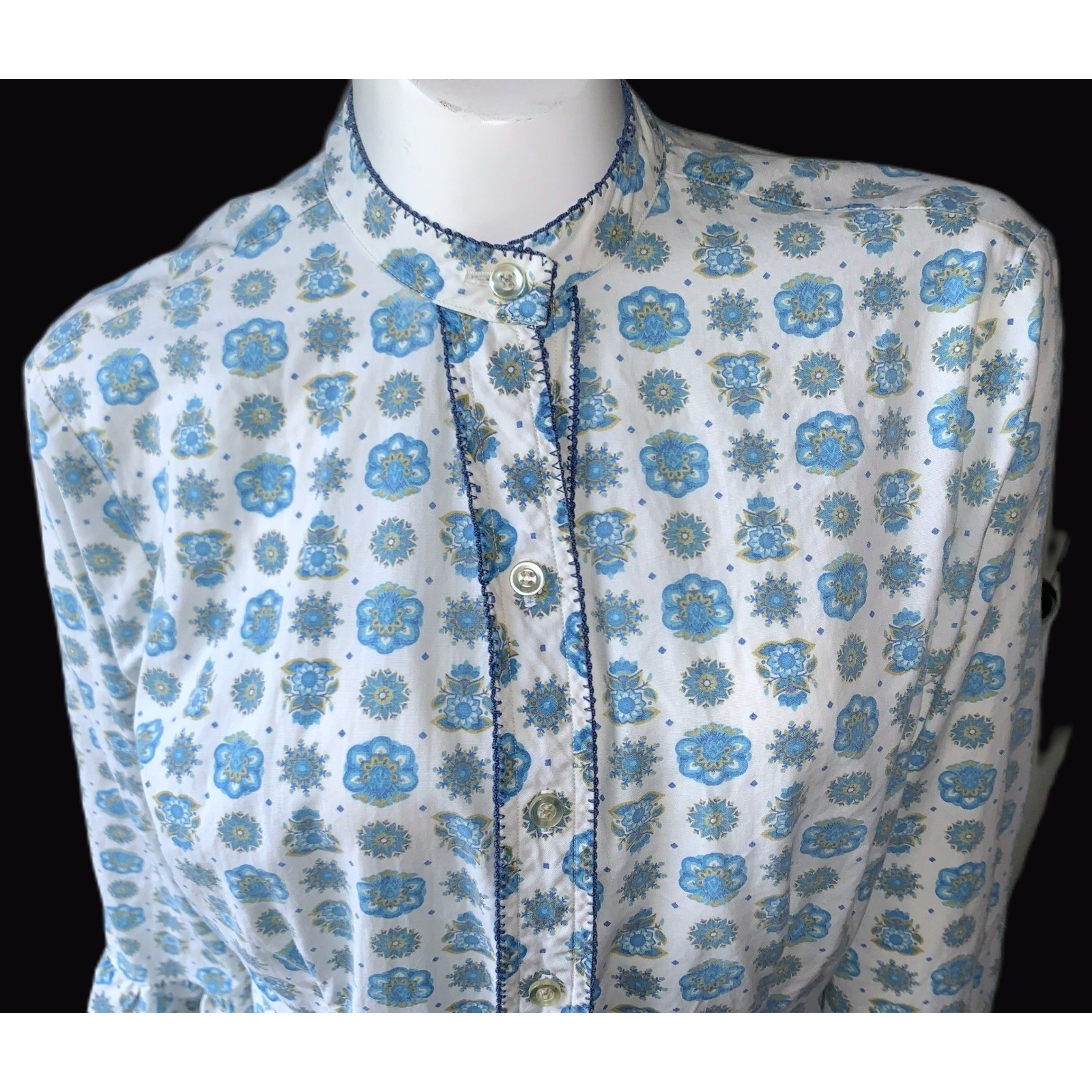 1950s-60s Retro Rockabilly Cotton Blouse Shaped Hem Picot Trim 3/4 Sleeve 37″B