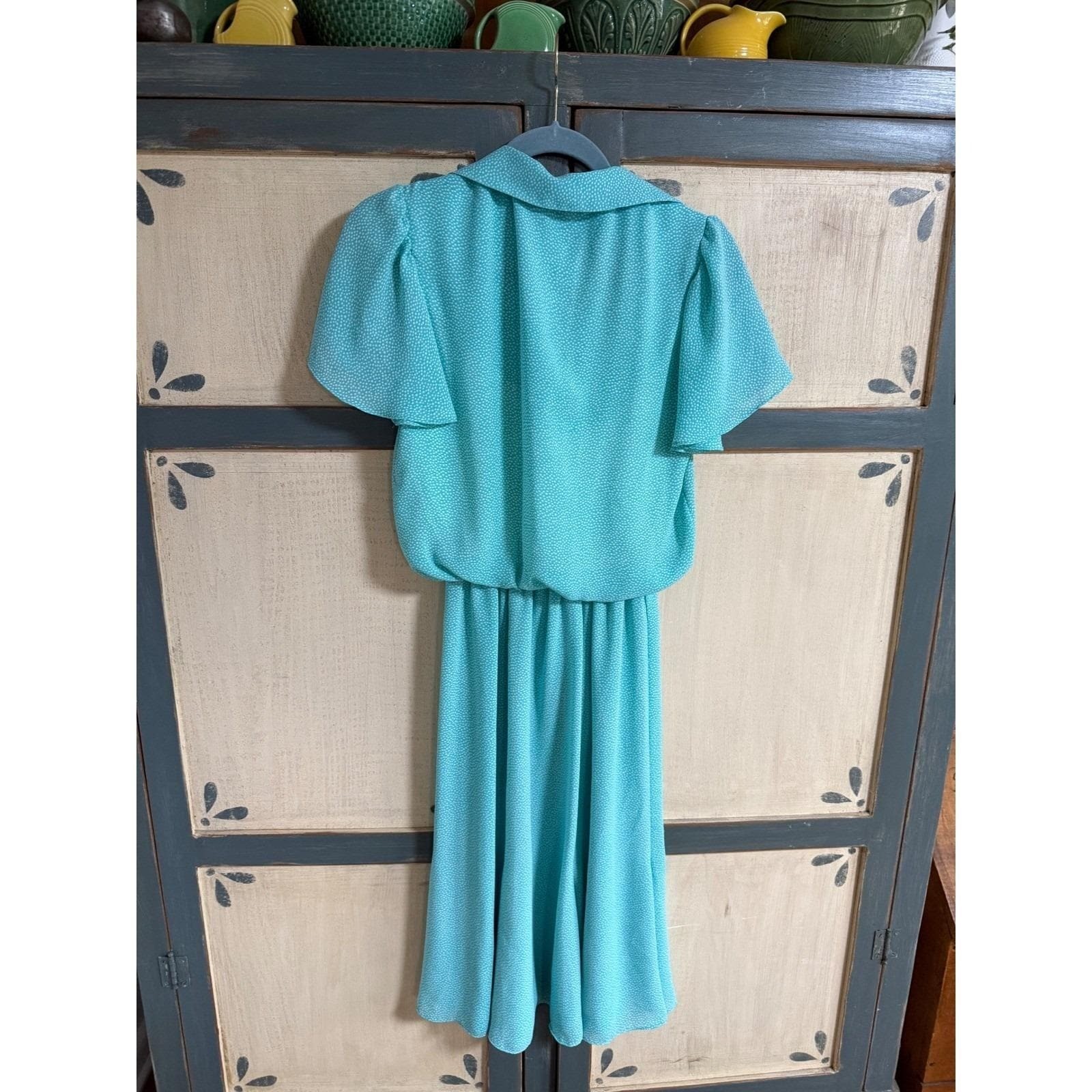 JT Petites Vintage 80s Polka Dot Midi Dress Aqua Blue Flutter Sleeve Size 8 USA