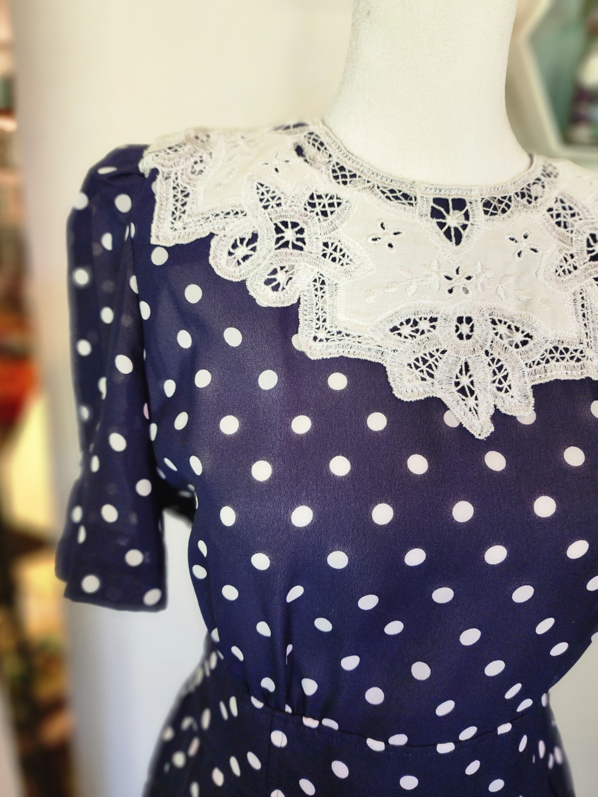 90s VTG KARIN STEVENS Cottagecore Modest Petites Polka Dot Pleated Midi Sz P8