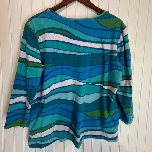 Ruby Rd Top XL Blue Excellent Studded V-Neck Abstract Wave Knit