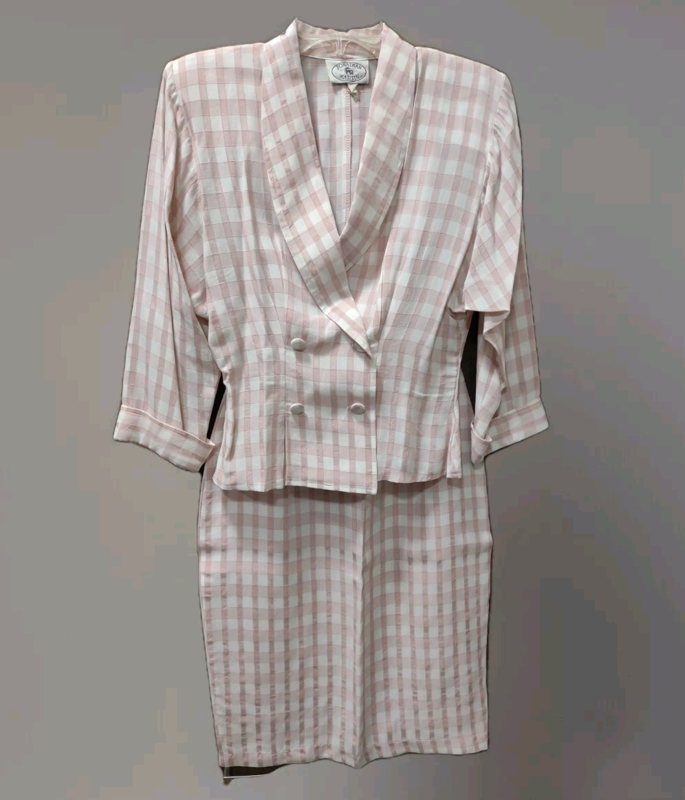 Vintage Jonathan Martin Jacket And Skirt Set Pink/Ivory Check Size 3/4