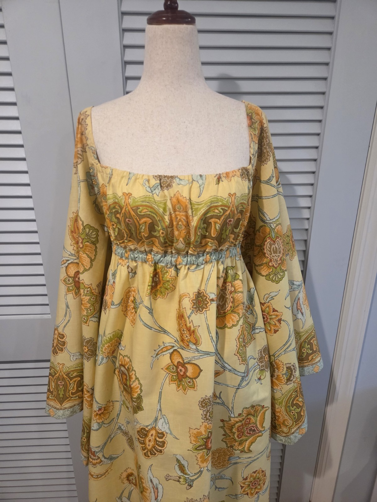 70s Vintage Maxi Dress Angel Sleeves Bloomcraft Du Pont Zepel Fabrics Handmade