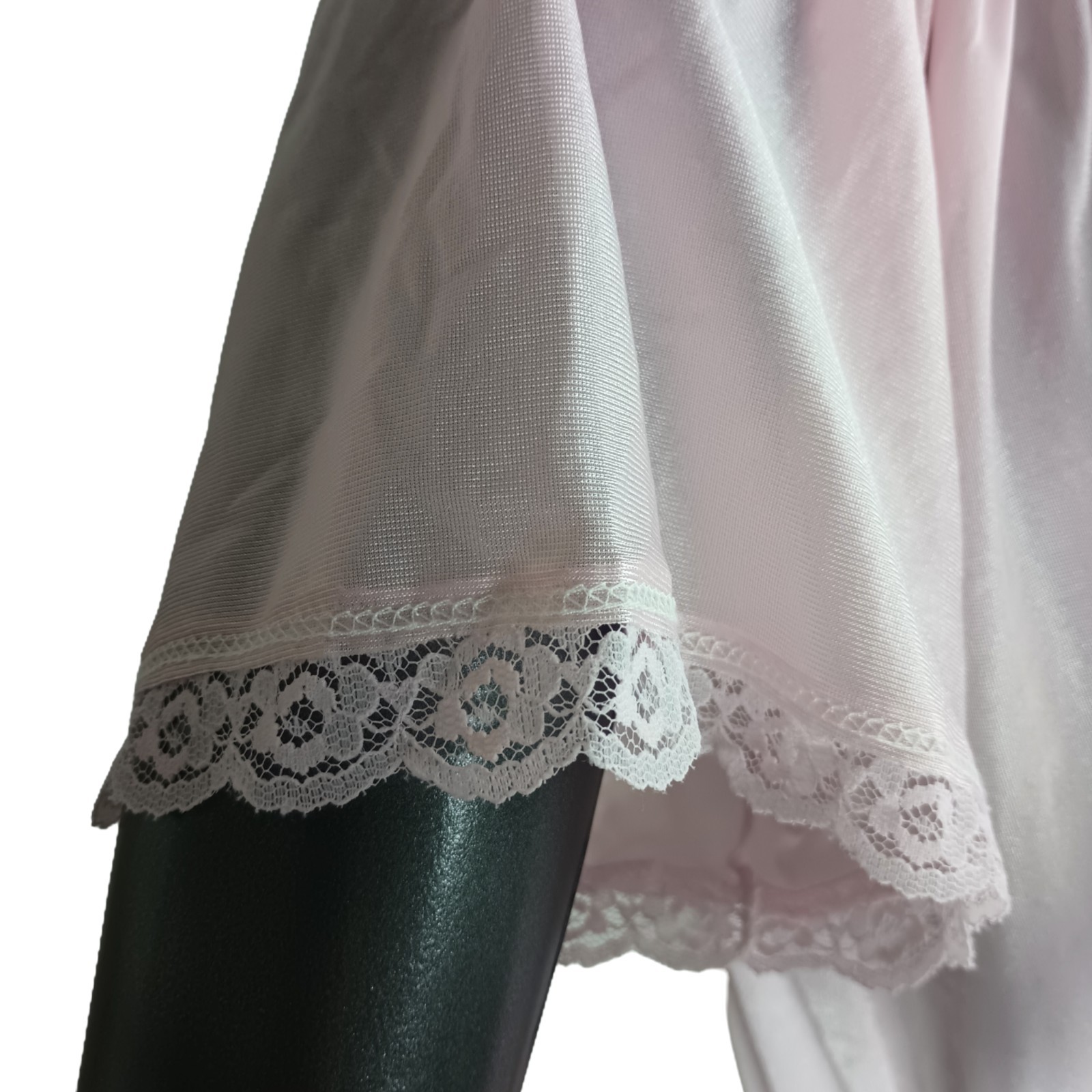 Vtg Sheer Pink Full Length Nighty With Rose Lace Trim Peasant/Baby Doll Size L