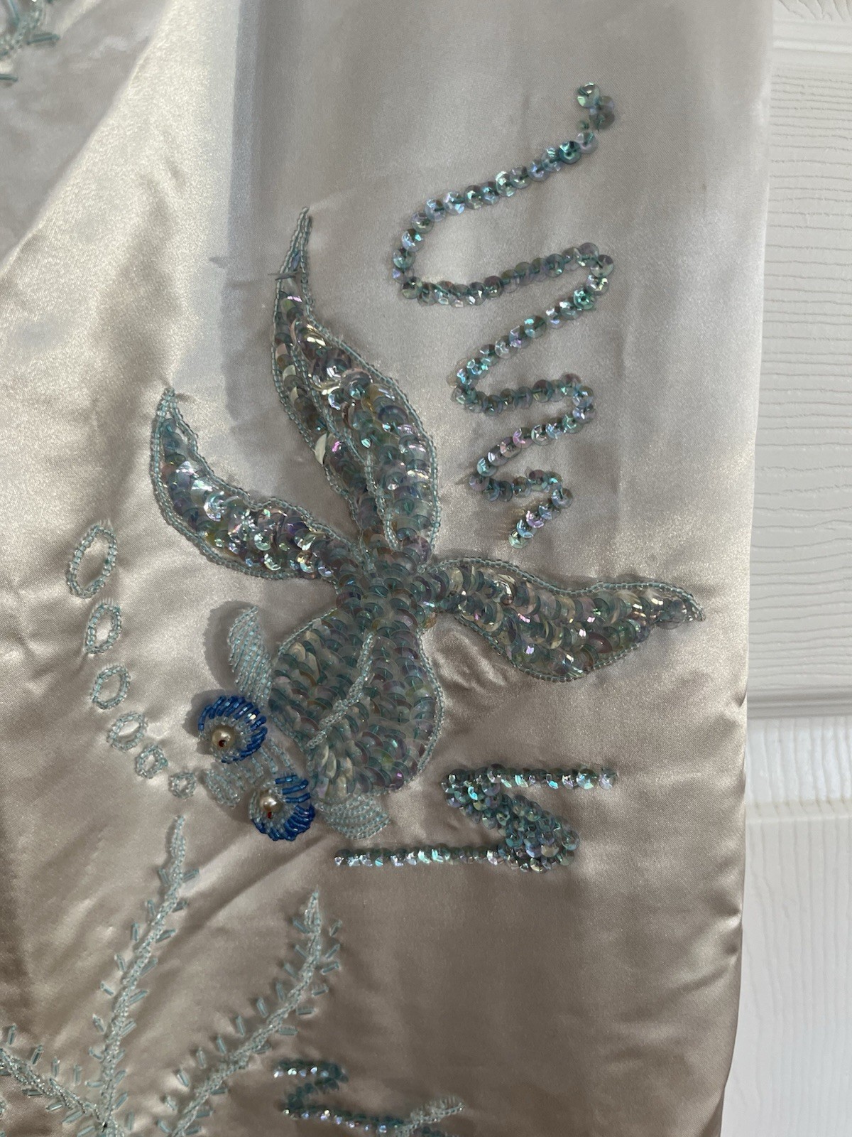 VTG 50/60s Satin Hand Beaded Sequin Light Blue Sheath Dress Sz Small Fish Koi
