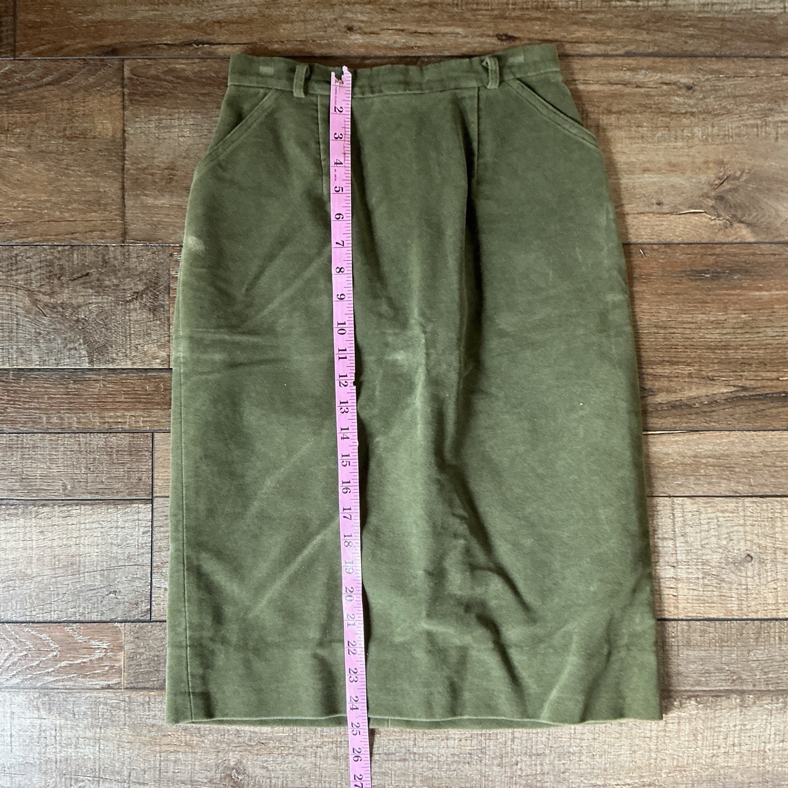60s VTG Loomtogs Heeksuede Olive Green Midi Skirt High Waist Size XS W25 #18E6