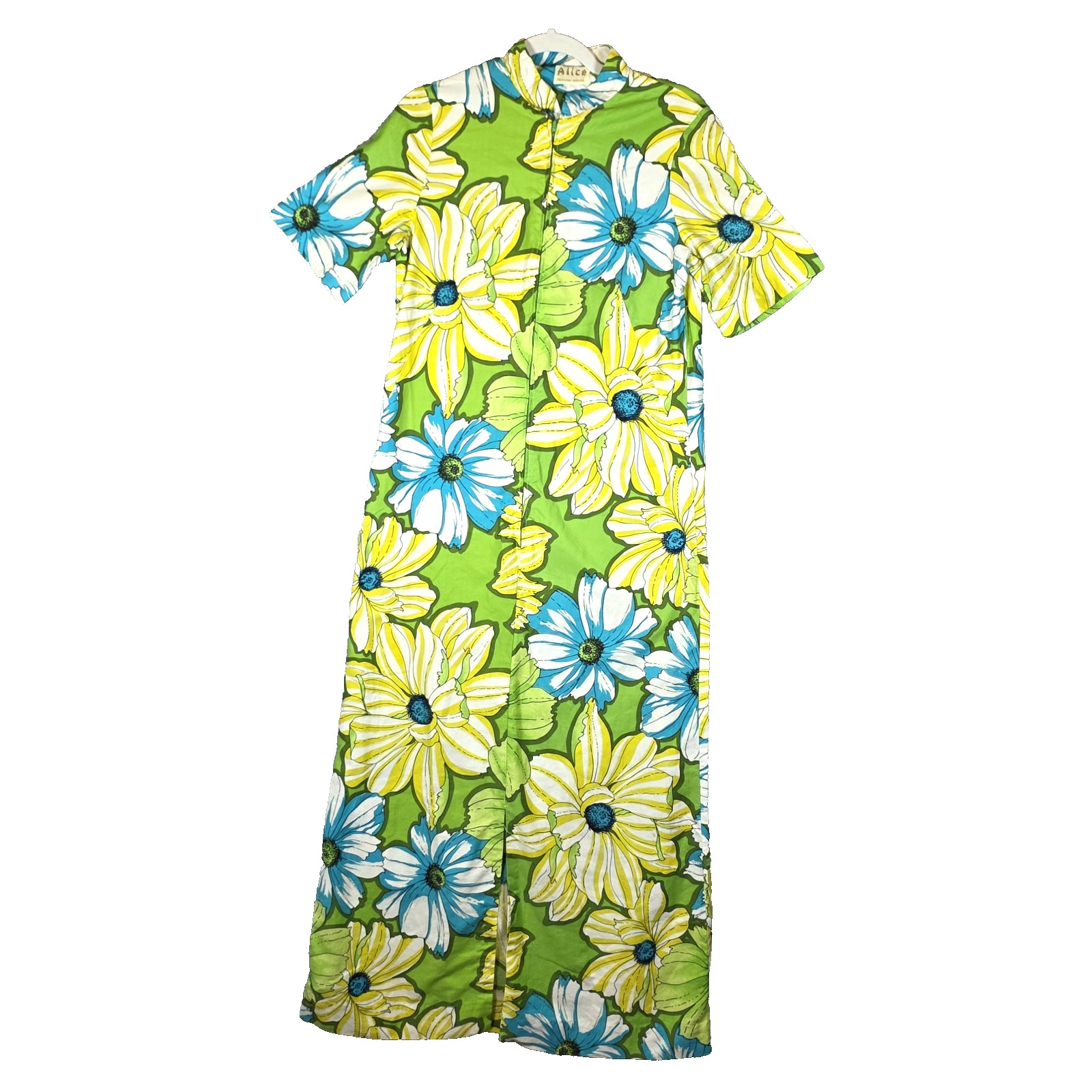 VTG 60s 70s Alice Polynesian Fashions Tiki Muumuu Dress Floral Green Blue Maxi M