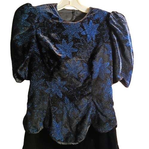 Vtg Scott McClintock Black Velvet Maxi Dress Blue Glitter Open Back Puffy Size 4