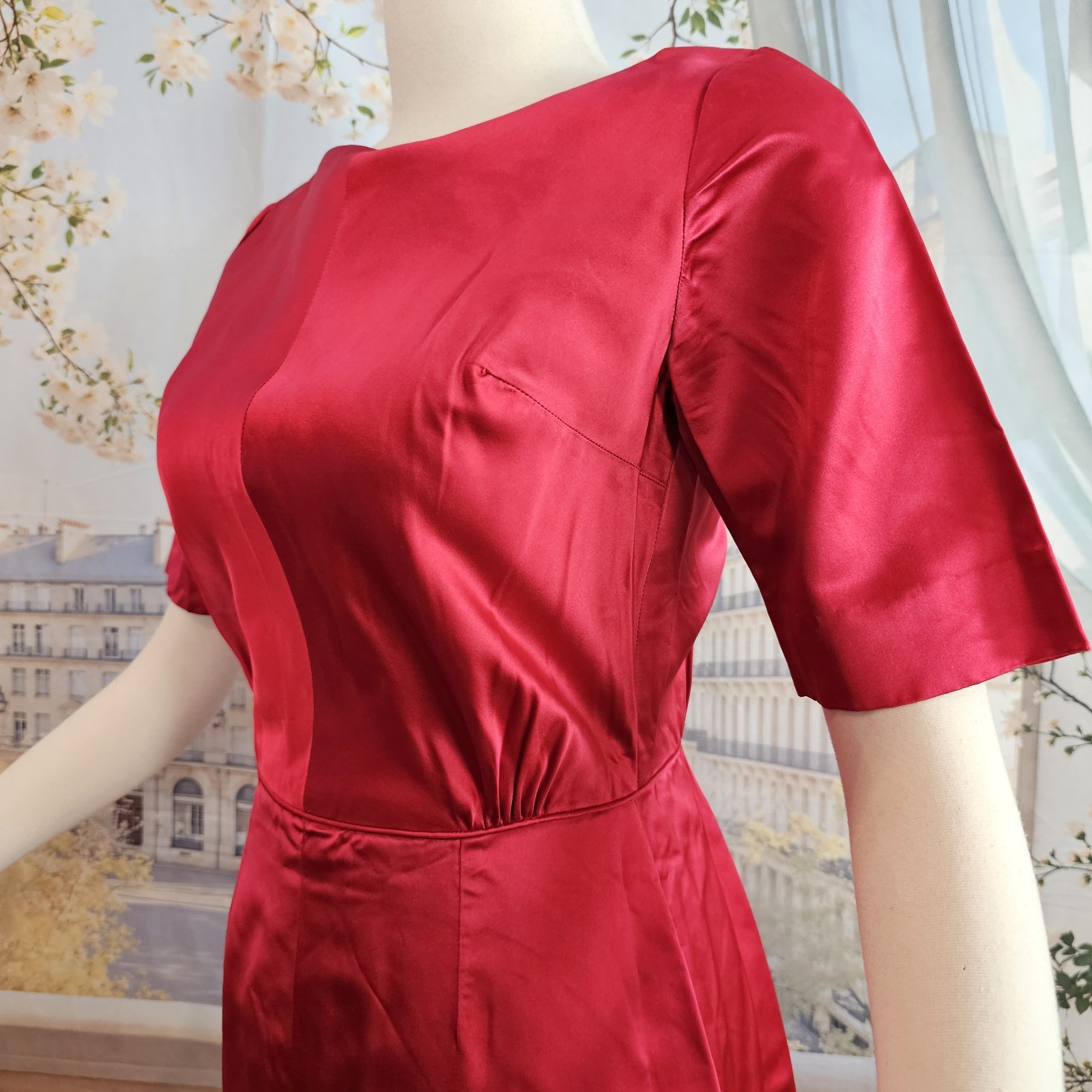 Vintage 1950s Dress Cherry Red Liquid Satin Half Sleeve Pinup Rockabilly