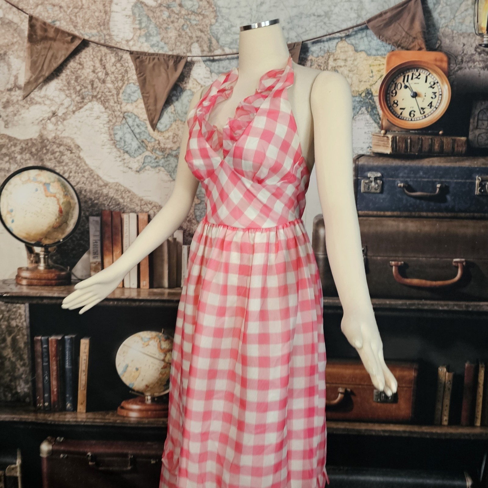 Vintage 1970s Maxi Dress Sundress Pink and White Gingam Check Ruffled V-Neck