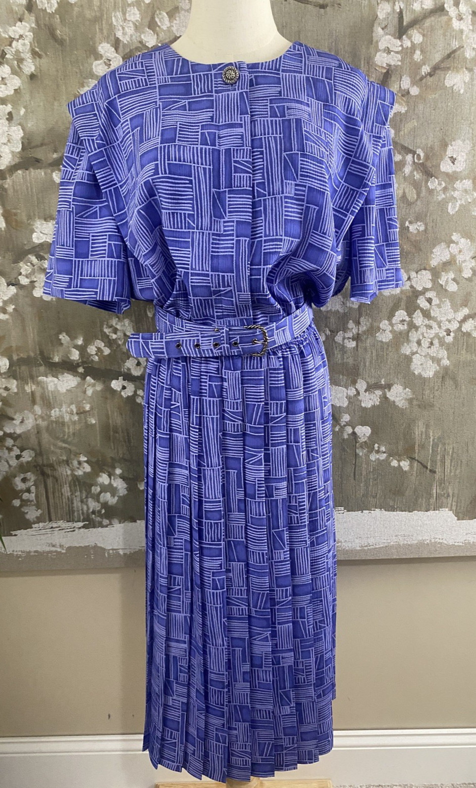 VTG LESLIE FAY SZ 16 Blue Geo Print w/Belt Midi Pleated Secretary Day Dress