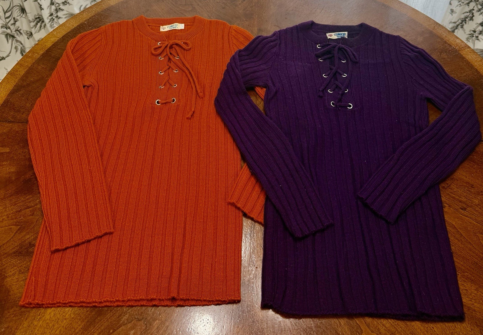 2 Vintage 1970s Women’s Collegetown Purple & Orange Sweaters with Ties at Neck