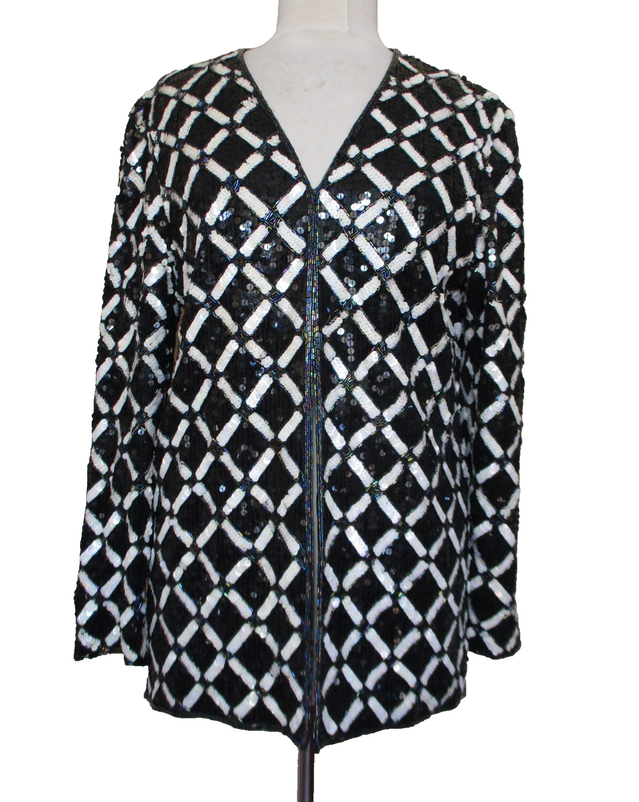 Vintage Joan Leslie Evenings Women’s Silk Sequin Jacket Black White Diamond M