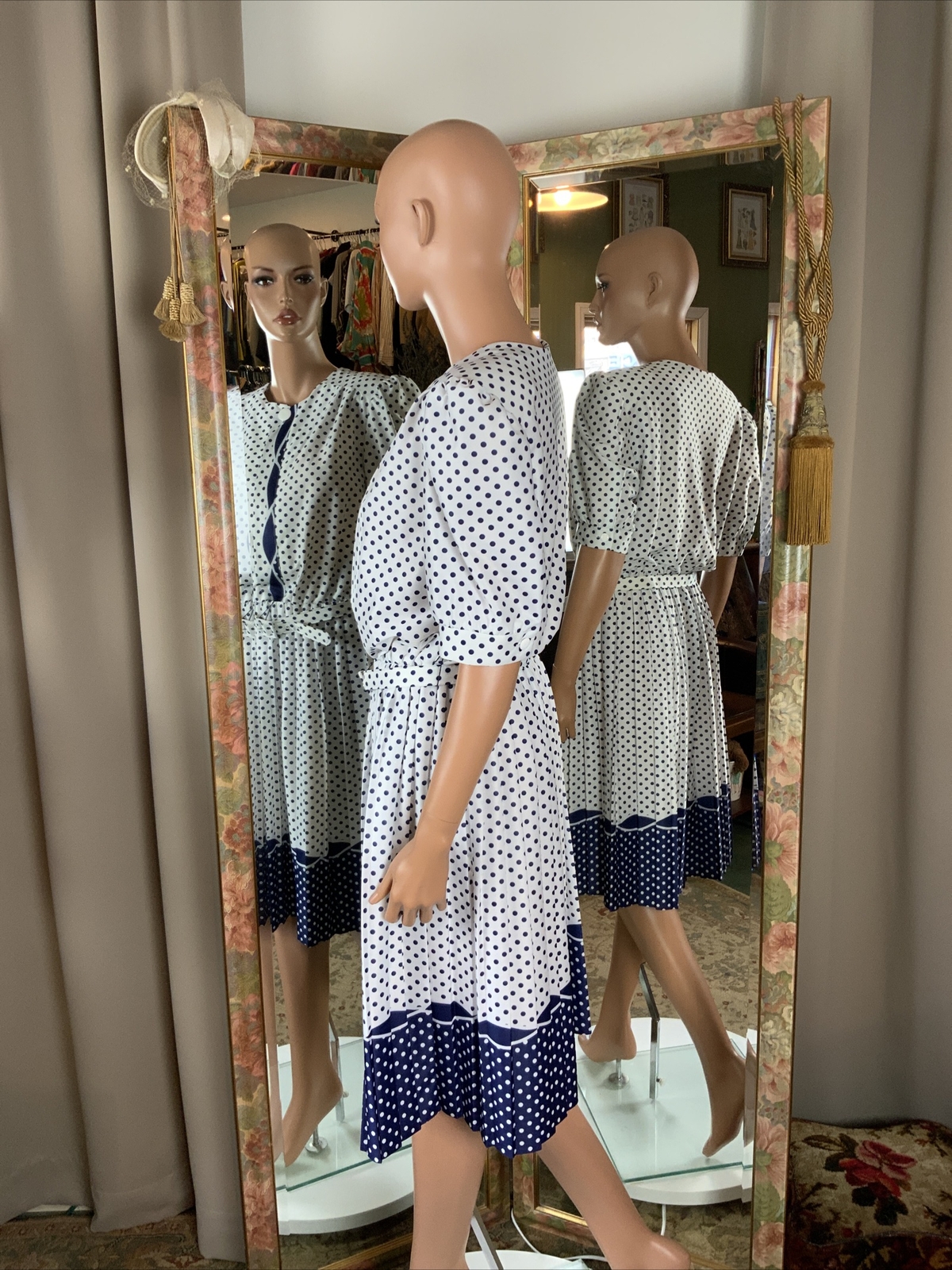 Vtg 80s Whirlaway Frocks Blue & White Polka Dot Belted Dress Sz 16P Bust 40