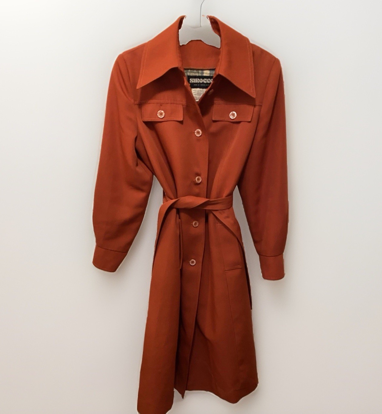 Vintage 1970s Sirocco Rust Orange Trench Coat Plaid Lining Belt Sz 12 Exc