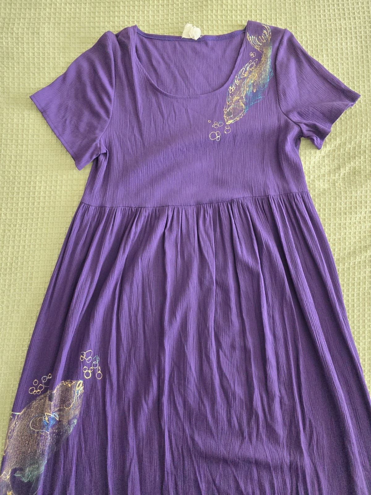Vintage 80s 90s Purple Rayon Dress Hand Painted Fish Womens Large XL Whimsical