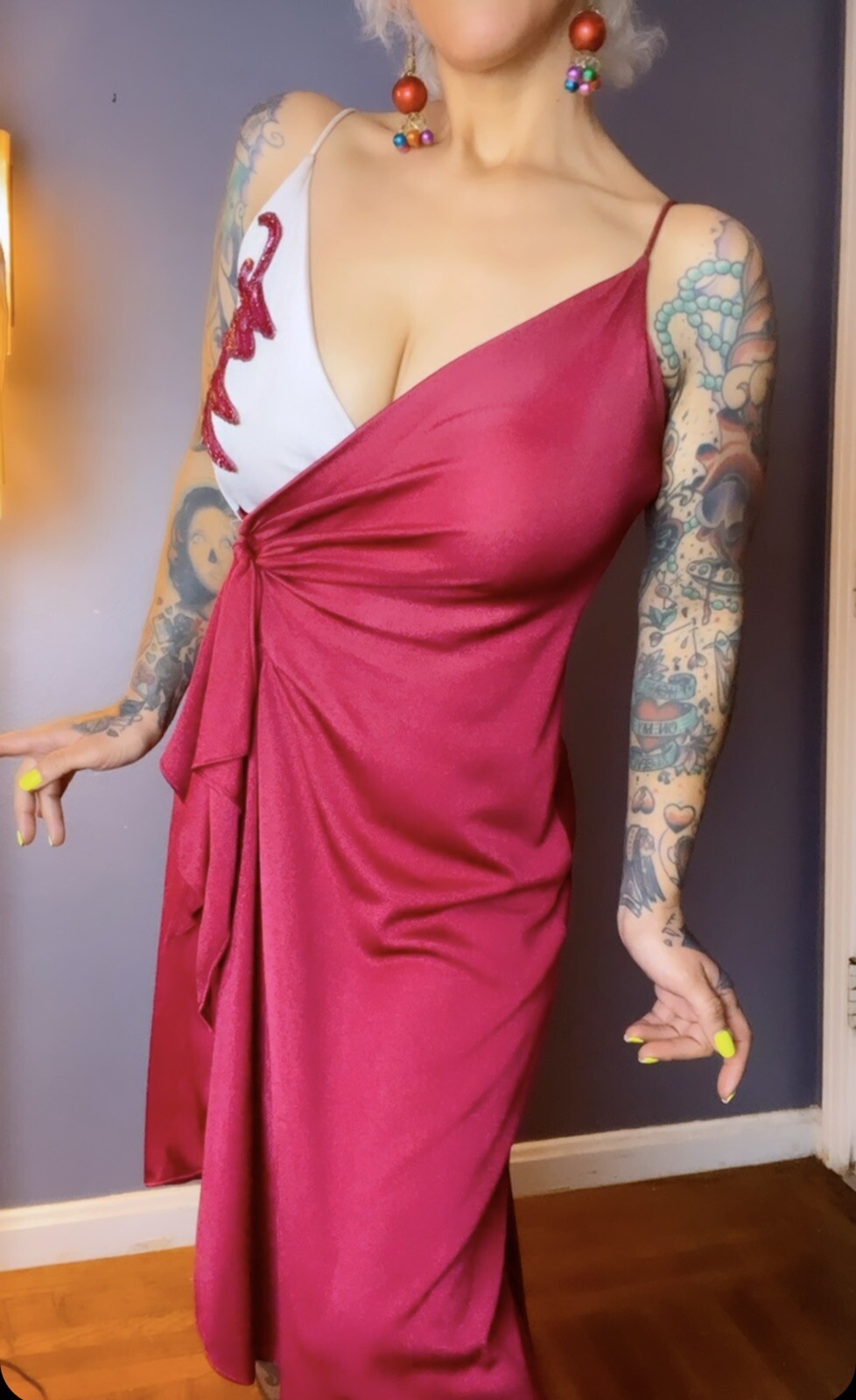 SEQUINED BEADED Burgundy & Silver Taupe 70’s Vintage Wrap Disco Party Dress S M