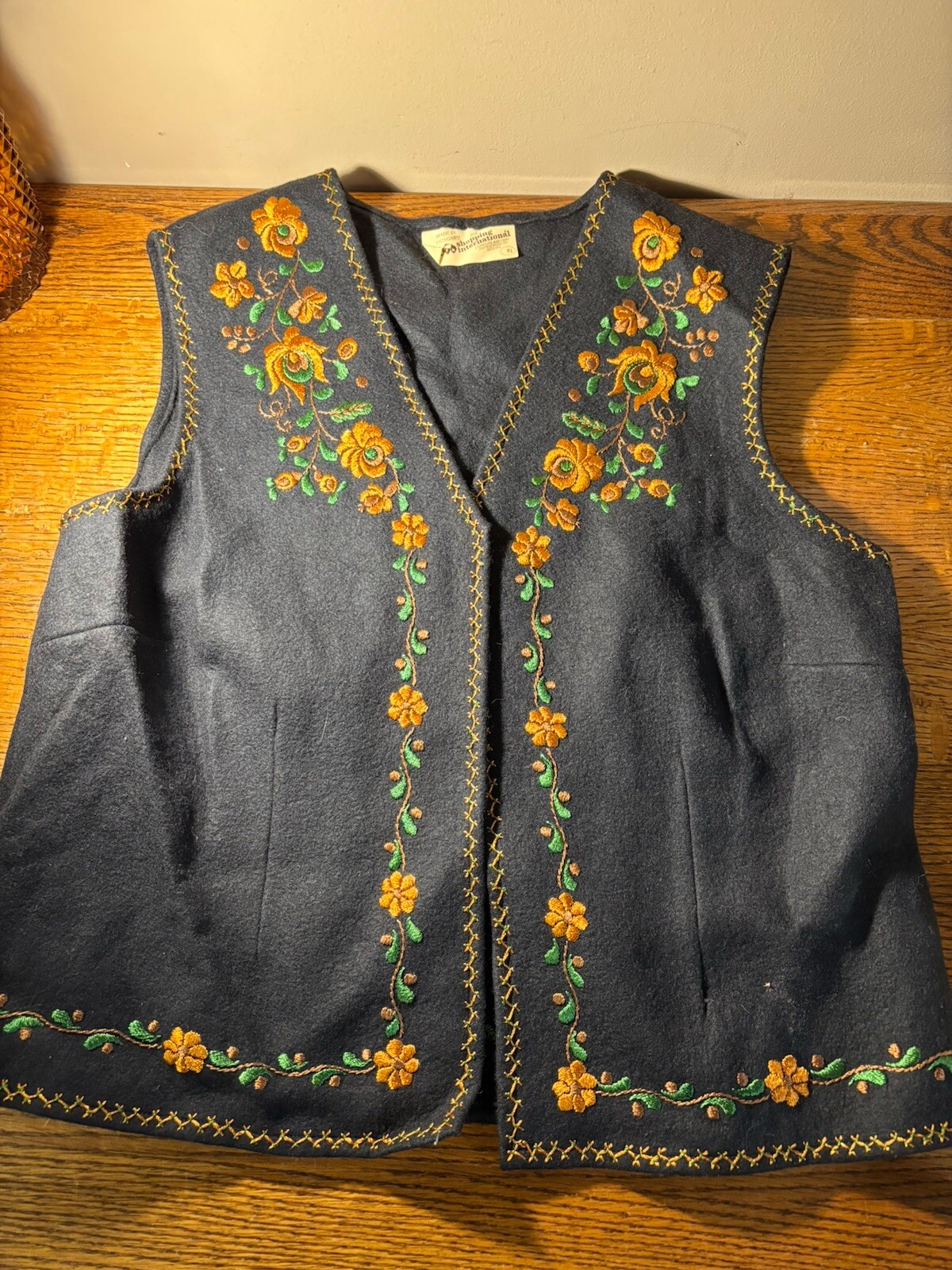 Vintage wool felt black/orange embroidered vest, made in Hungary, XL
