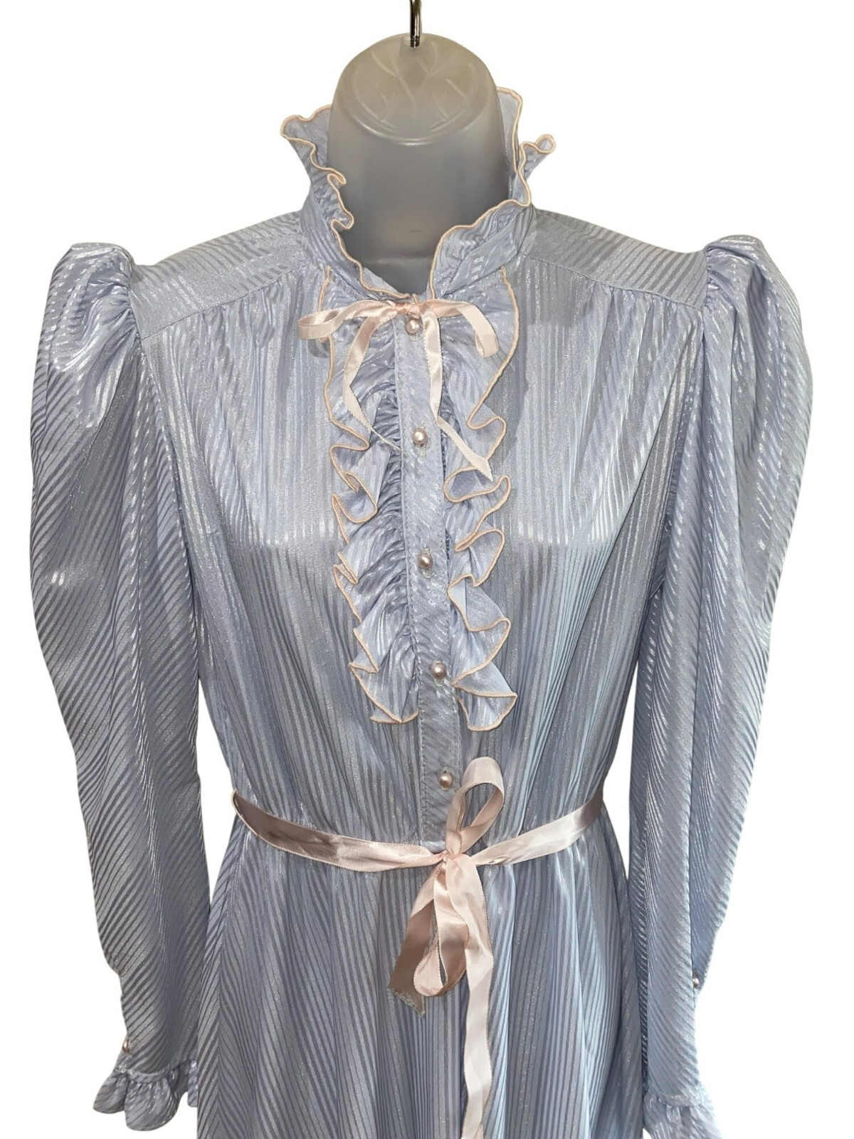 Vintage Jerri Gee New York Light Blue Ruffled Long Sleeve Dress W/ Pink Belt Siz