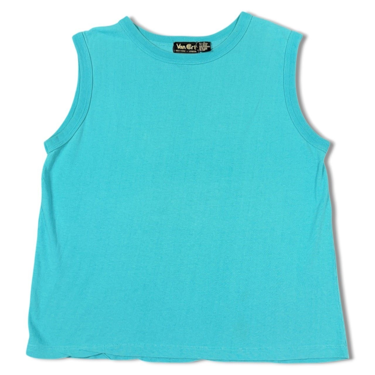 Vintage 90s Van Cort Muscle Boxy Tank Top XL Teal Blue Crew Neck Cotton Romania