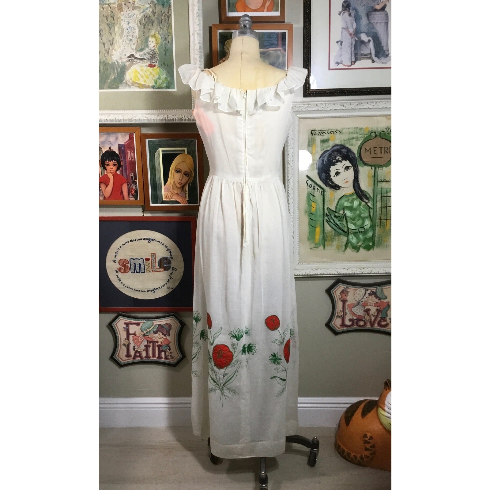 Frances Brewster 1970s Summer Maxi Dress Swiss Dot Rayon Floral Print Ruffles