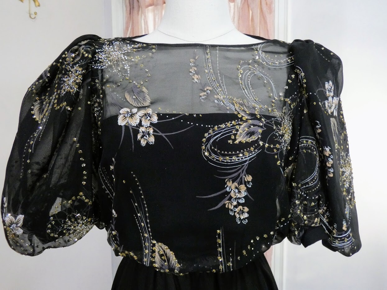 80s Vintage CONNECTIONS Black Puff Sleeve Silver Gold Glitter Dress ILGWU Small